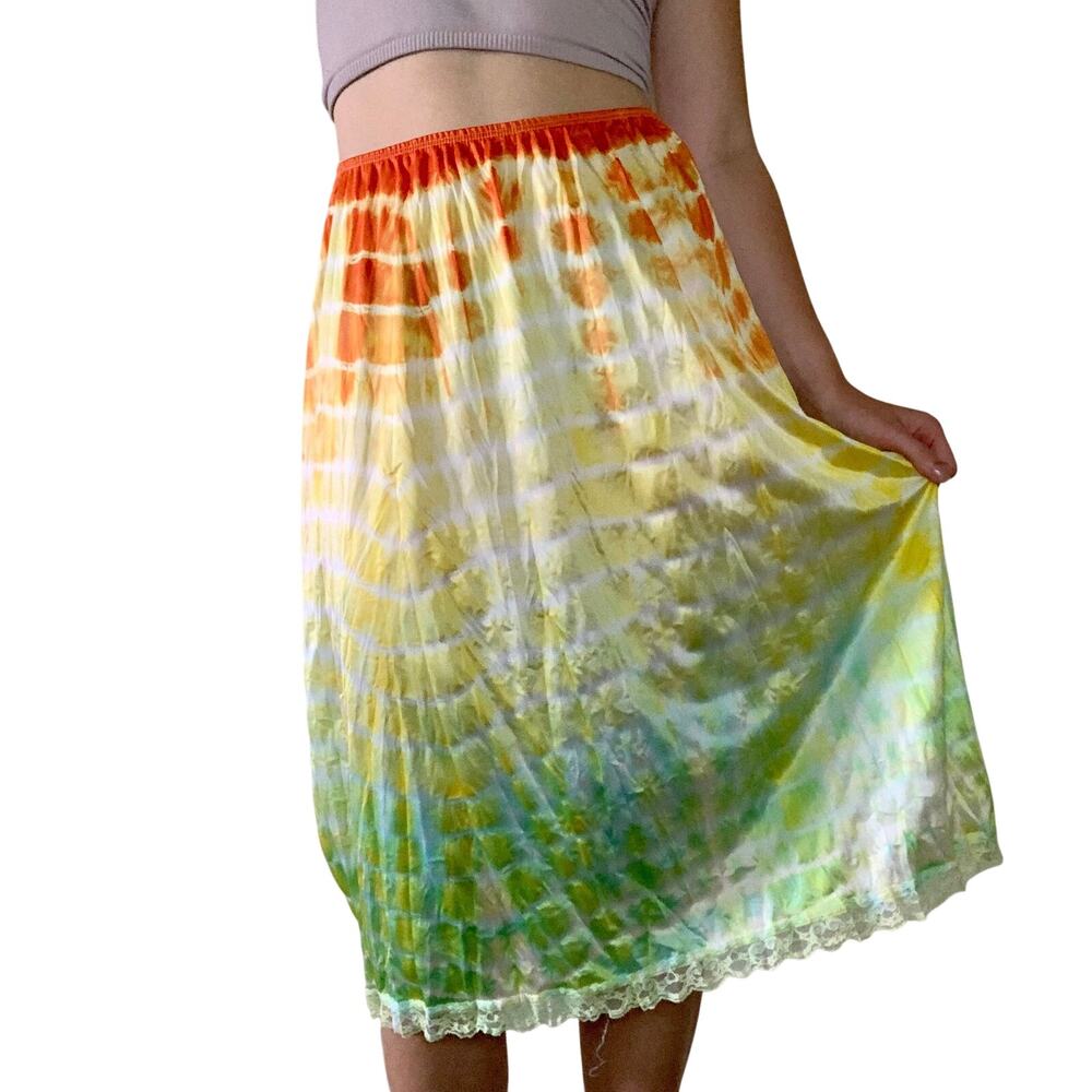 Hand Dyed Reworked Vintage Ombre Half Slip Skirt Sunset Orange Green Nylon